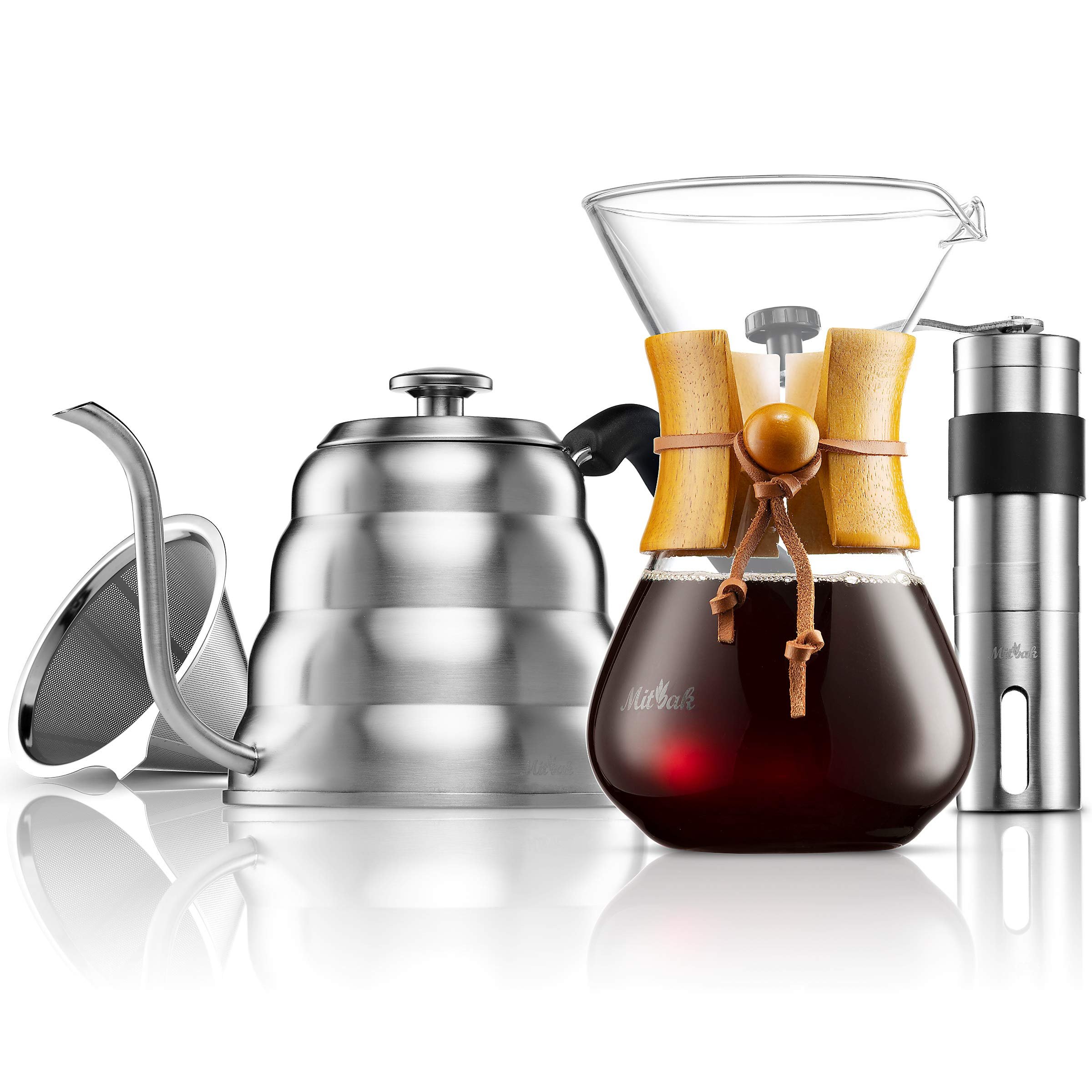 Pour Over Coffee Maker Set | Kit Includes 40 OZ Gooseneck Kettle with Thermometer, Coffee Mill Grinder & 20 OZ Coffee Dripper Brewer | Great Replacement for Coffee Machines