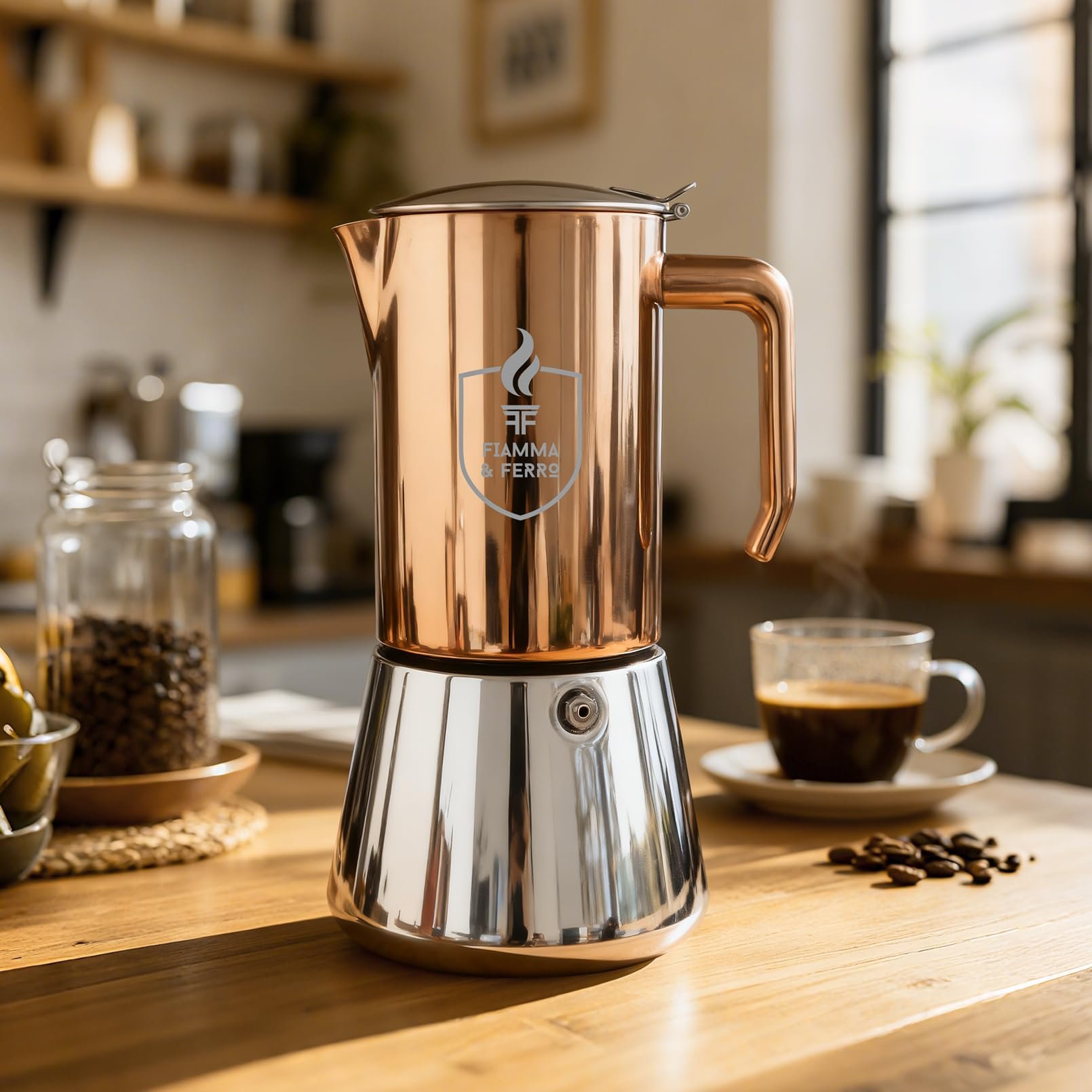 Premium Italian Espresso Maker - 12-Cup (20oz) Stainless Steel Moka Pot, Copper PVD Finish, Induction Compatible, No Aluminum
