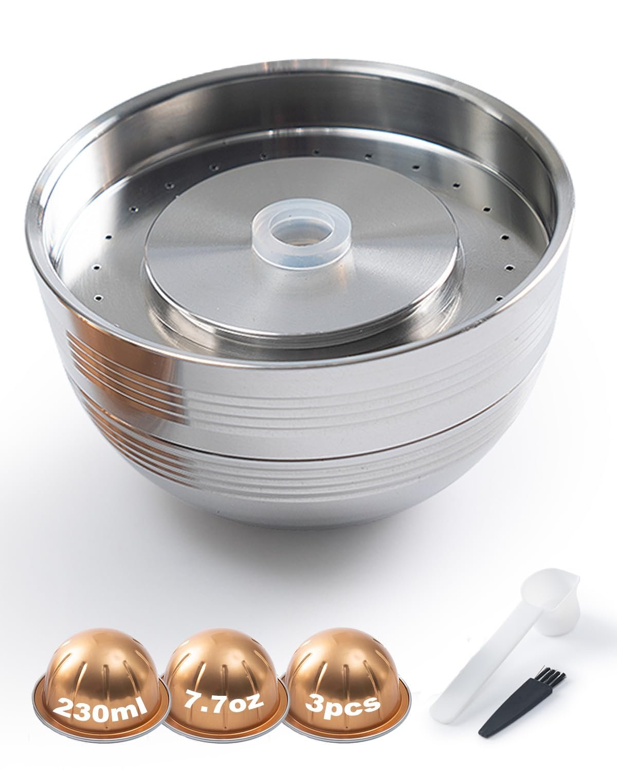 Reusable Coffee Pods Compatible with Nespresso Vertuo Next, Plus&POP,Stainless Steel Refillable Capsule Kit with 3pcs 230ml (7.7oz) Aluminum Shells, Eco-Friendly Coffee Accessory, Scoop & Brush