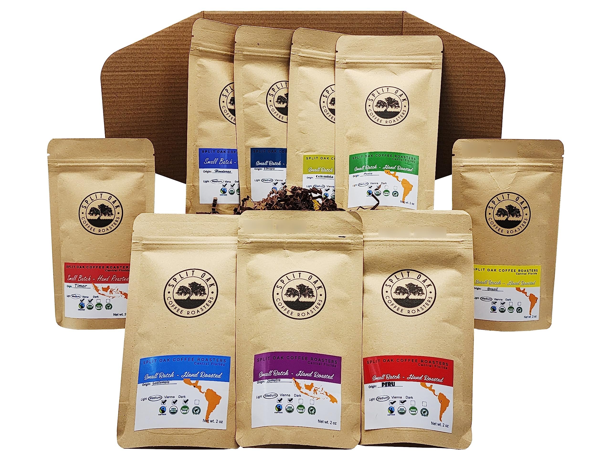 Split Oak Coffee Roasters Gourmet Gift Box – Whole Bean Variety Pack Gift Box, 9 Medium Roast Coffees from Around the World – Global Tasting Collection, 2oz Bags, Roasted in the USA