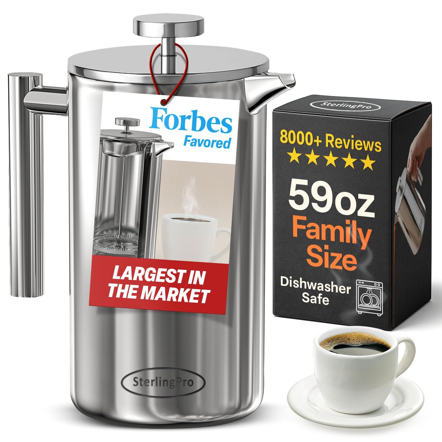 SterlingPro Stainless Steel French Press Coffee Maker 1.75 L (59 oz) Mirror – Double Walled Insulated Extra Large French Press, Durable Design Keeps Drinks Hot, Easy to Use and Clean for Rich Flavor