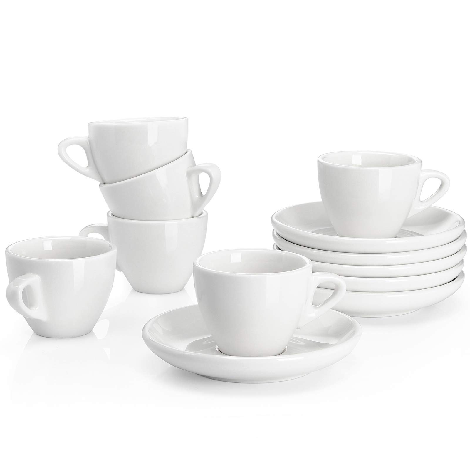 Sweese 2 Ounce Espresso Cups with Saucers, Porcelain Espresso Cups Set of 6 - White
