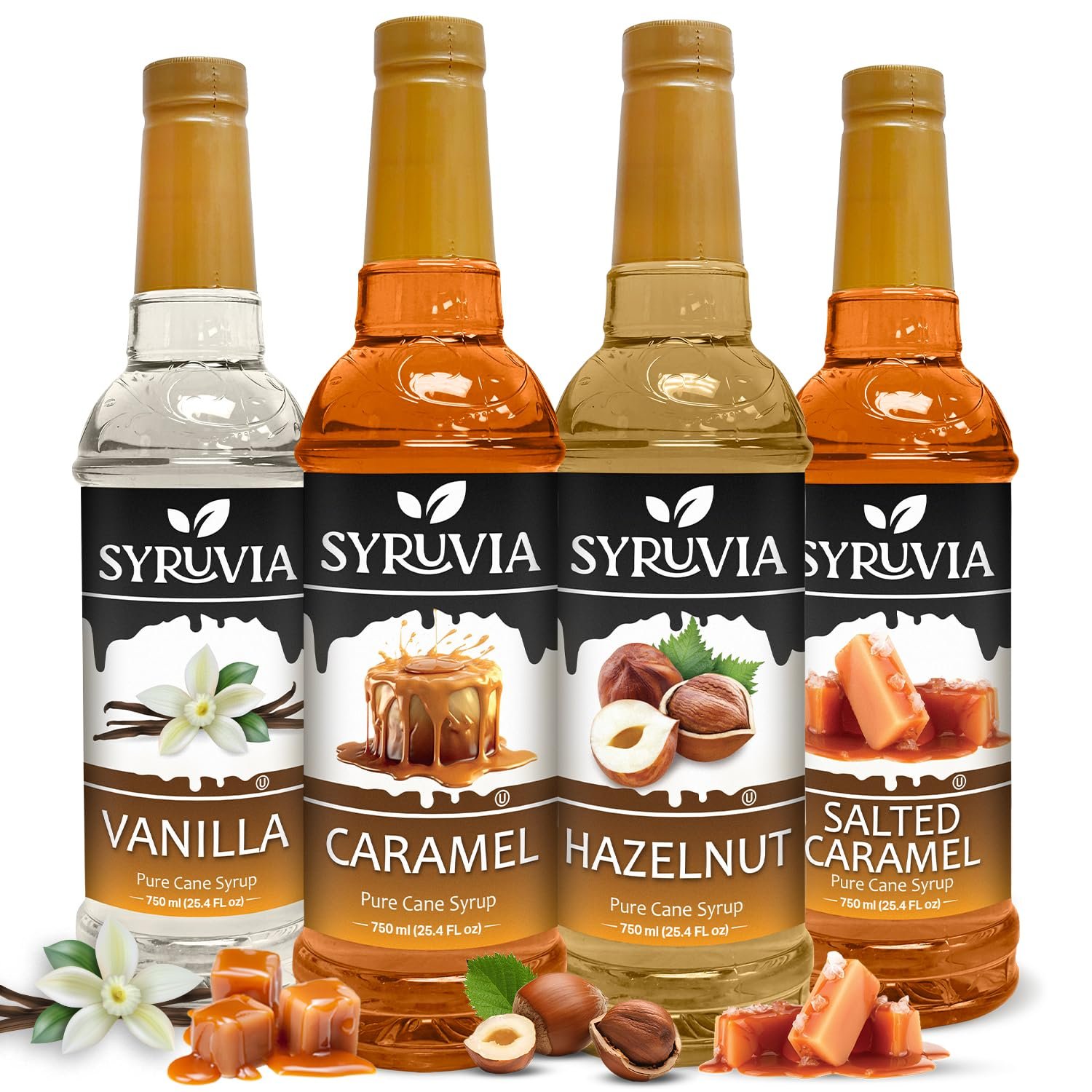 Syruvia Coffee Syrup Variety Pack Vanilla, Caramel, Hazelnut & Salted Caramel Kosher, 25.4 fl oz bottles - Elevate Your Coffee Experience!