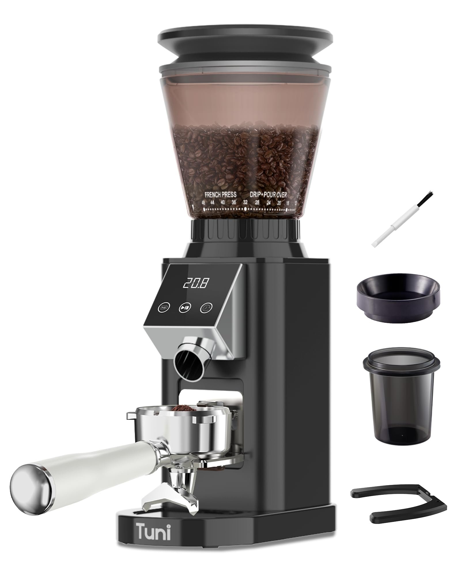 Tuni G1 Conical Burr Coffee Grinder, 48 Grind Settings Anti-static Burr Mill, Precision Electronic Timer and LED Touchscreen for Espresso/Drip/Cold Brew/French Press, Stainless Steel, Noir
