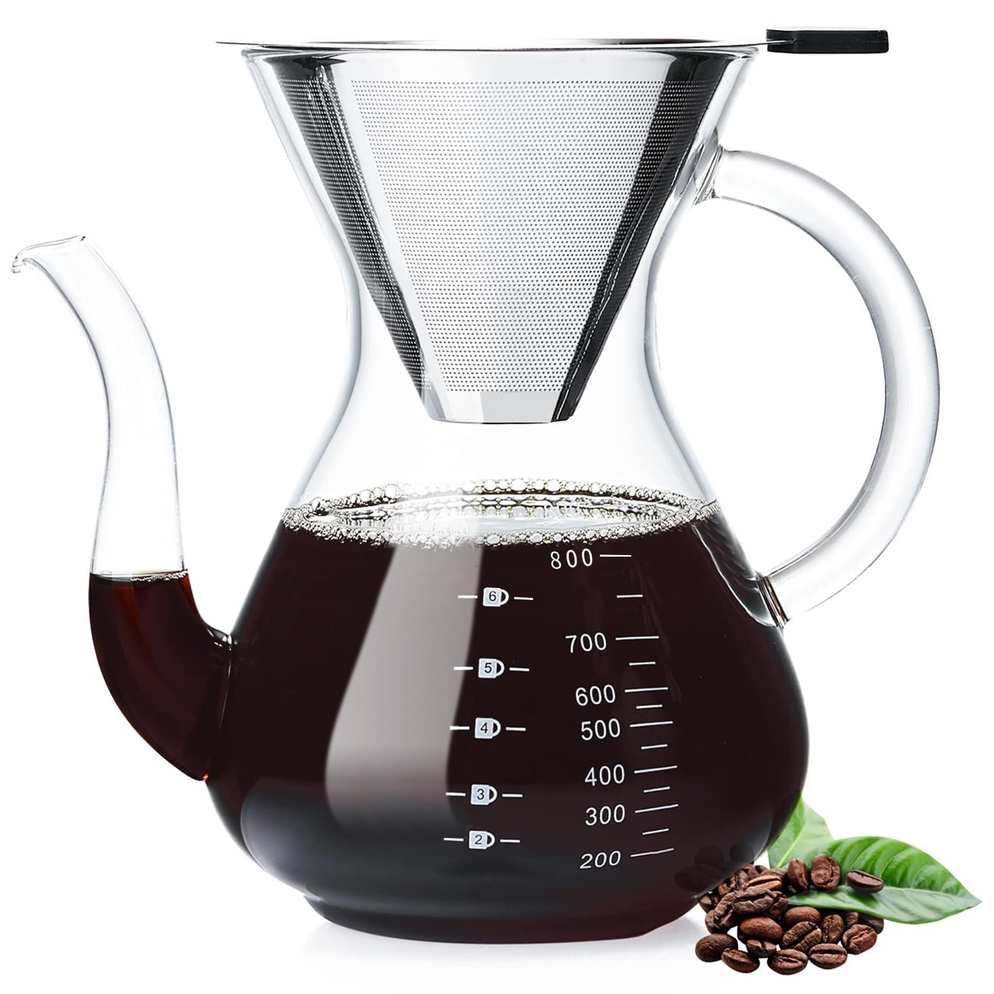 Unbreakable - Pour Over Coffee Maker with Double Stainless Filter 27 fl oz, Thickened Heat-Resistant Borosilicate Glass Pour Over Coffee Dripper, Stovetop Safe