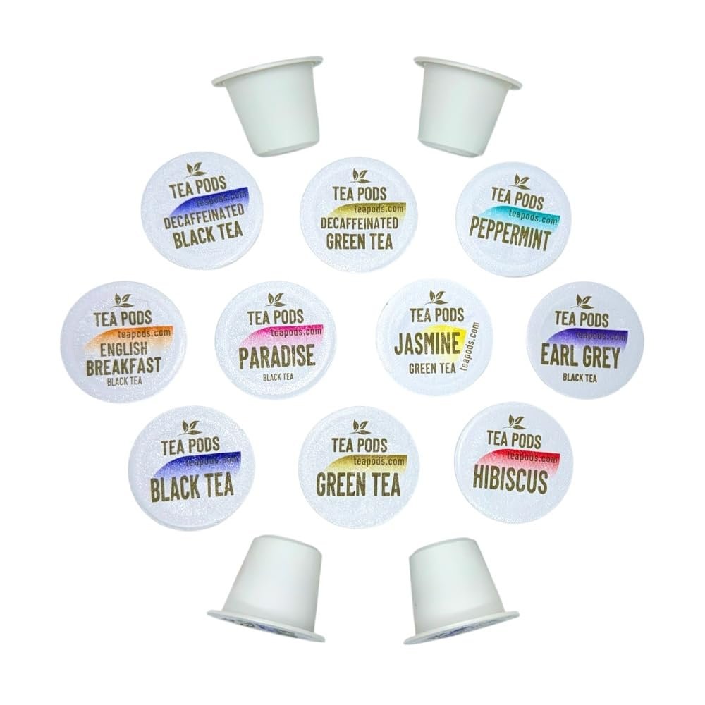 Variety pack tea pods compatible with Nespresso OriginalLine - 18 single-serve capsules hibiscus, english breakfast, peppermint, jasmine, paradise, green and black tea, earl grey bergamot
