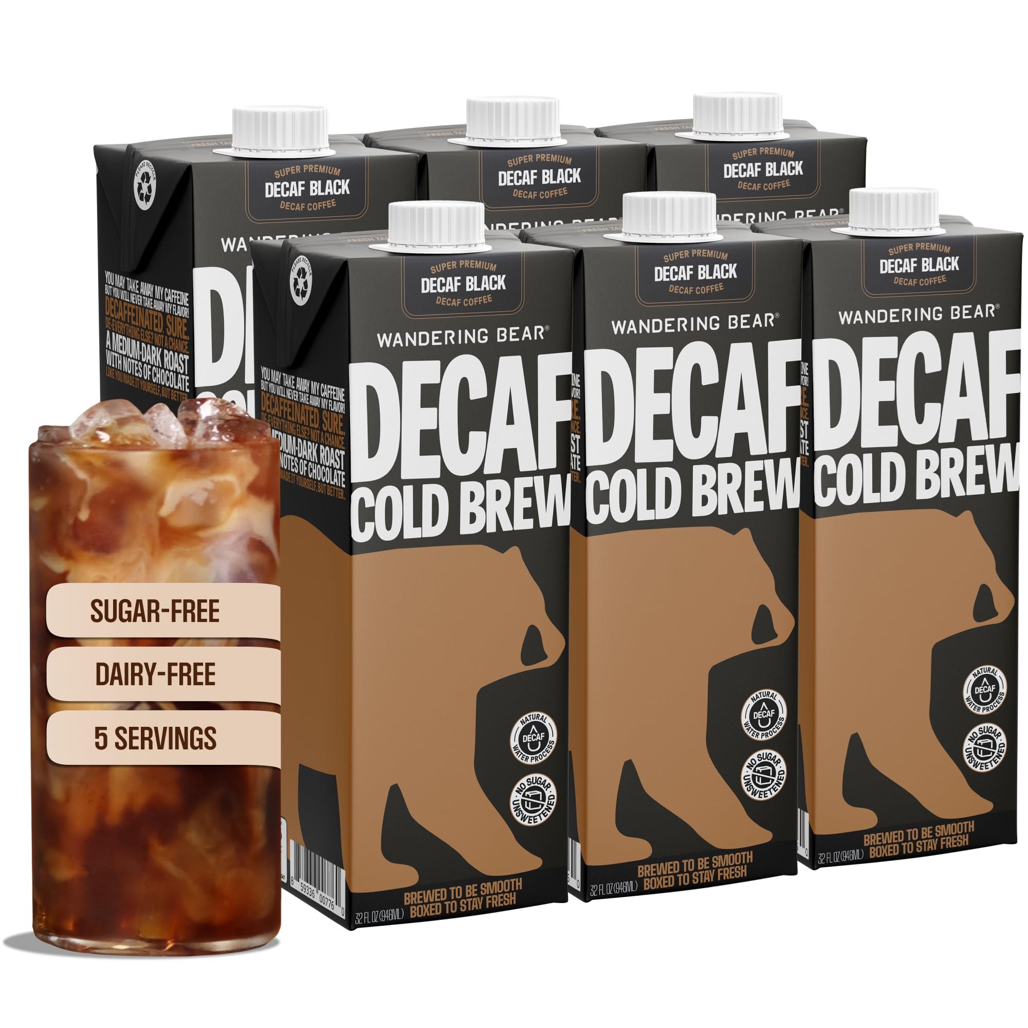 Wandering Bear Decaf Cold Brew Coffee - Bold, Smooth, No Sugar Added, Shelf-Stable, Ready to Drink, Gluten Free & Vegan Decaf Iced Cold Brewed Coffee Drink - 32 fl oz, 6 pack