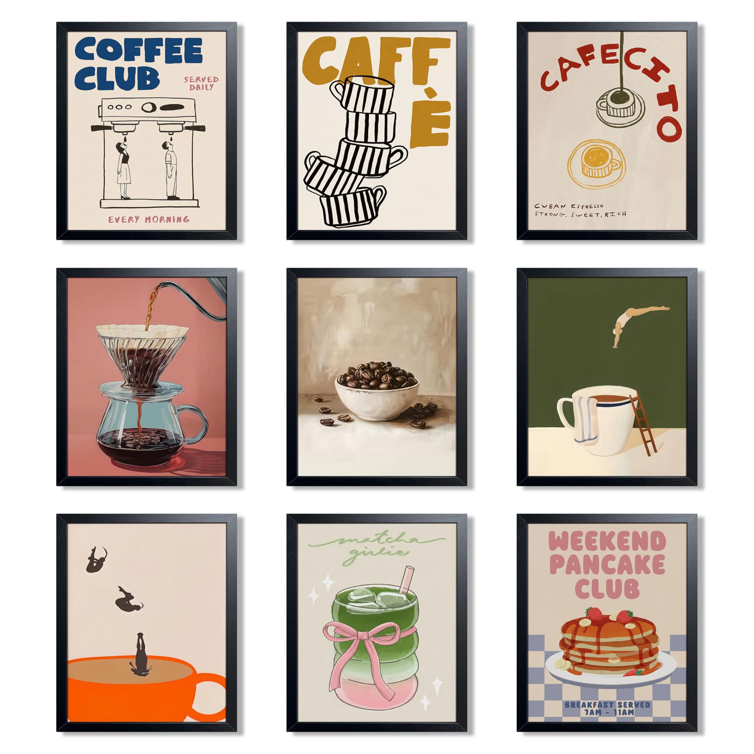 XYHYRA Coffee Wall Art Set of 9, Vintage Coffee Bar Canvas Prints Poster, Cafe Club Matcha Latte Pancake Kitchen Artwork Wall Decor for Coffee Bar Dining Room Home Decor 8x10 Inch Unframed