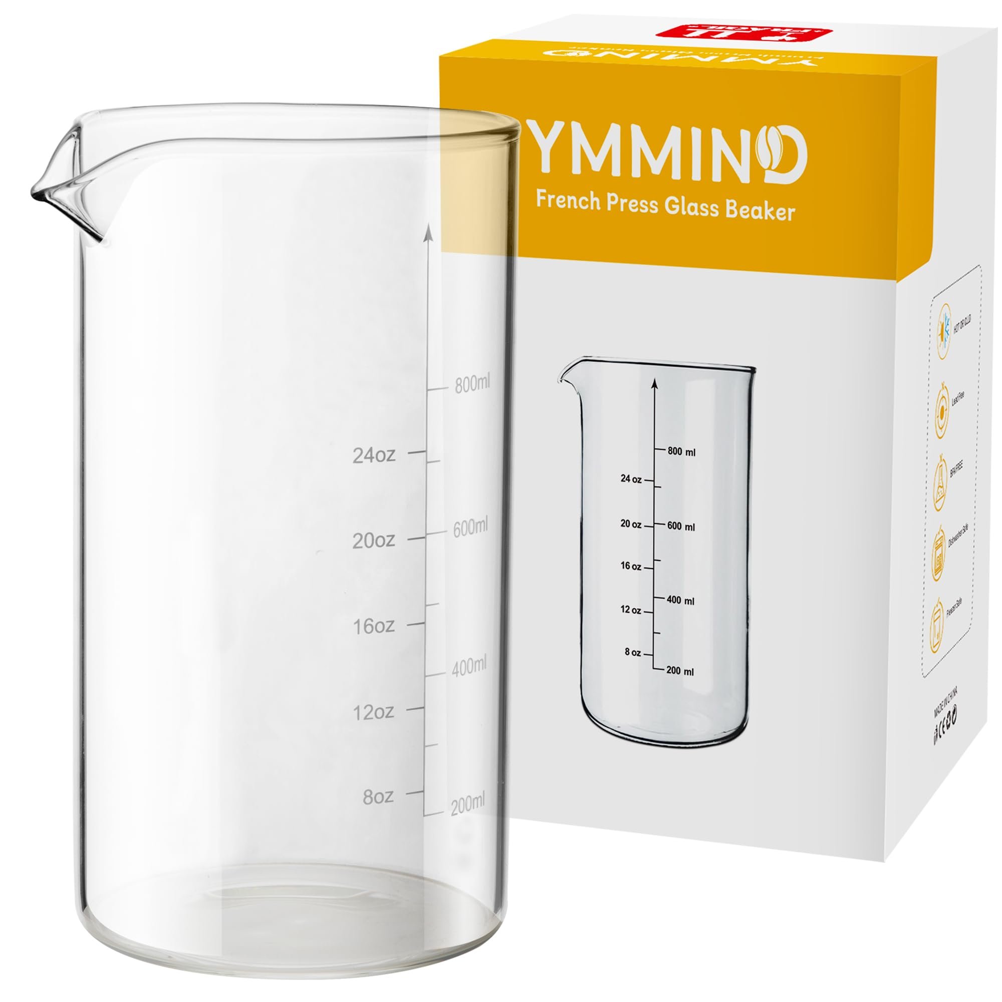 YMMIND Standard Universal Design 34 oz French Press Replacement Glass Beaker, Fits Most Brands French Press Coffee Makers (1Quart / 1000ml / 5-6 Cup) Coffee Press Borosilicate Glass Water Bottle