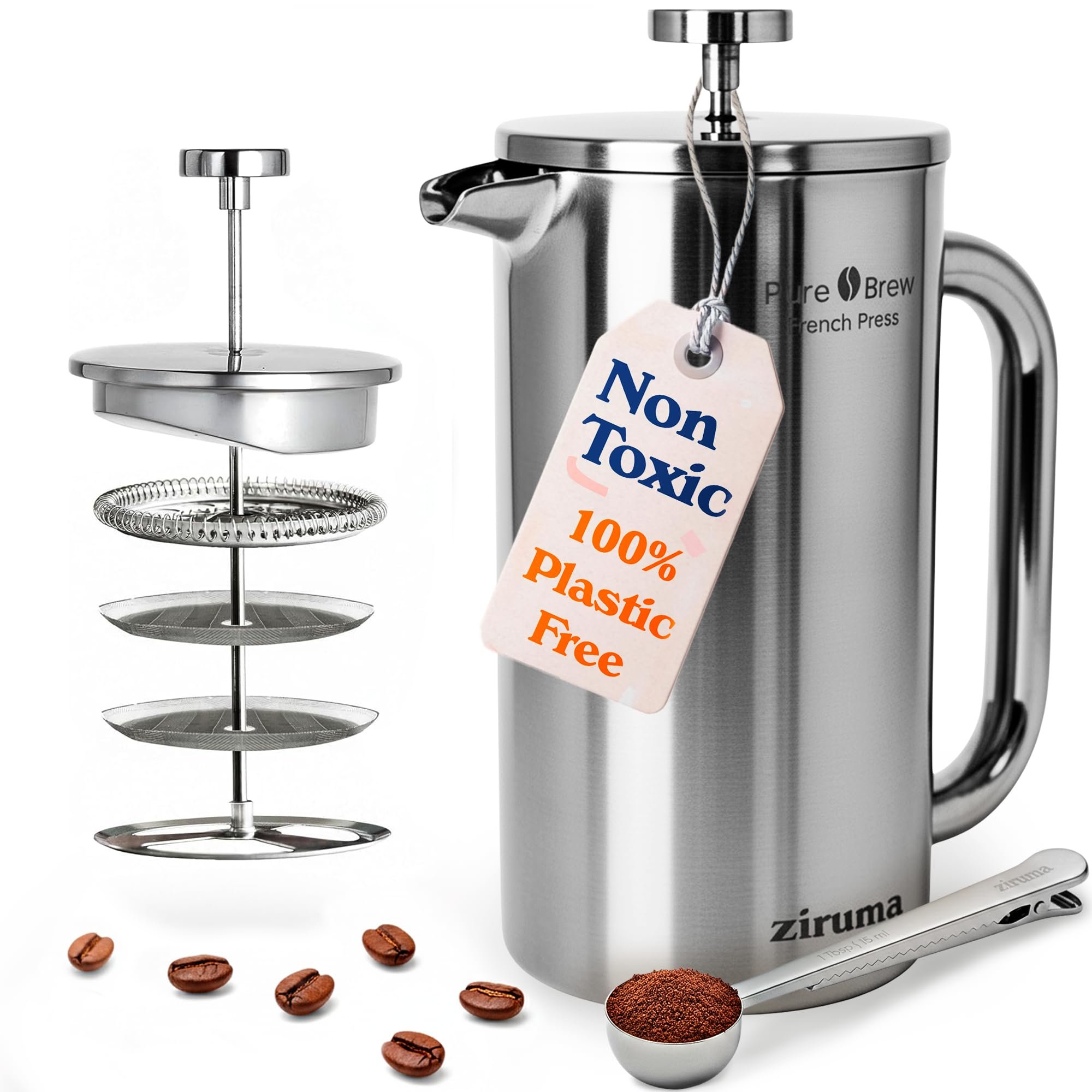 Ziruma Non-Toxic French Press, Surgical Stainless Steel Coffee Press, Plastic-Free, Heavy Metal-Free, No Endocrine Disruptors, 34 Oz, Double Wall, 4-Layer Filter, Portable Coffee Maker