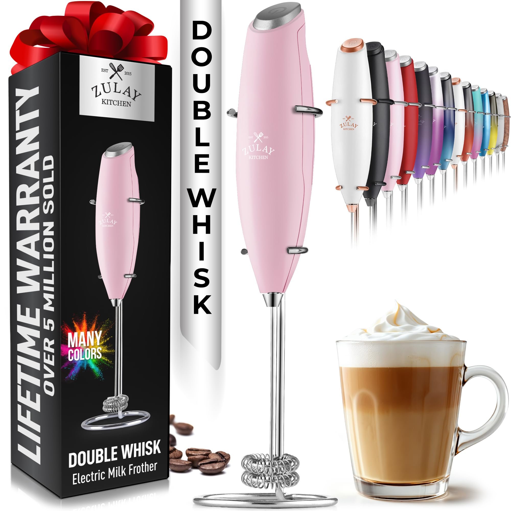 Zulay Kitchen Powerful Double Whisk Milk Frother Handheld - Foam Maker With Stand - Whisk Drink Mixer for Coffee, Mini Foamer for Latte, Matcha, Frappe, Hot Chocolate & Cappuccino - Magnetic Pink